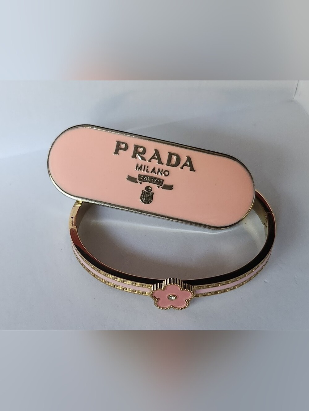 Prada Pink Enamel Logo 3" NEW and Nonbranded Clover Bracelet 7" - Picture 4 of 6